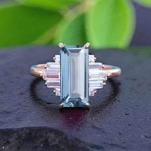 Antique Aquamarine and Moissanite Engagement Ring 925 Sterling Silver, Elegant Art Deco Ring Anniversary Gift Unique Minimalist Engagement