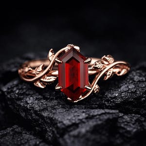 Zeshoek rode granaat ring vintage unieke takje verlovingsring blad cluster granaat bruiloft vrouwen rode edelsteen ring natuurlijke geïnspireerde tak ring