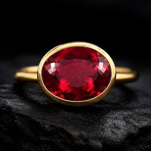 Flawless Mozambique Blood Red Ruby Ring, Oval Ruby Solitaire Ring, Bezel Set Gold Engagement Ring, July Birthstone Gift