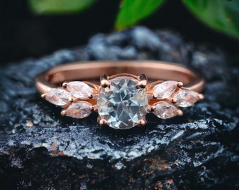 Anillo de compromiso de aguamarina Anillo de piedra de nacimiento de marzo Anillo de propuesta de diamante de talla marquesa 14K Oro rosa Joyería hecha a mano Regalo de aniversario para esposa