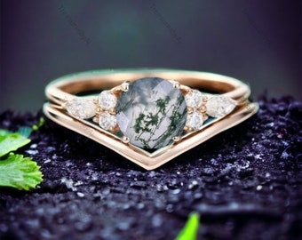 Natural Moss Agate Engagement Ring Set, Vintage Moss Agate Bridal Wedding Ring Set, Marquise Diamond Ring Green Gemstone Proposal Gift Ring