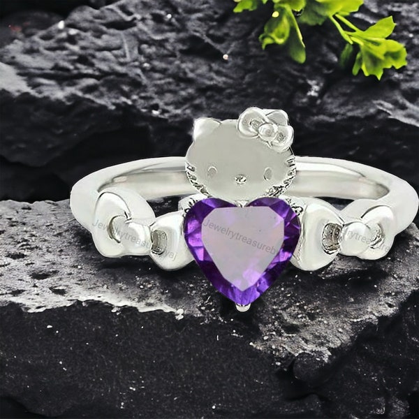 Heart Shape Amethyst Kitty Ring 14K White Gold Hello Kitty Ring Japanese Cartoon Novelty Ring Animal Lover Girl Jewelry Cat Lover Gift Ring