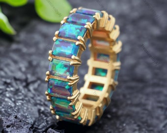 Eternity Black Opal Band Wedding Band Opal Thumb Stacking Ring Birthday Gift for Her Baguette Opal Women&#39;s Band Christmas Gift For Wife