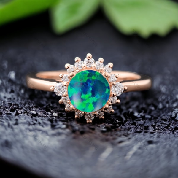 Black Opal Engagement Ring Diamond Halo Wedding Ring October Birthstone Promise Ring Alternative Fine Women Jewelry Anniversary Gift For Her