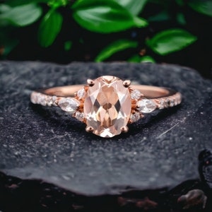 Oval Cut Morganite Wedding Ring 14K Rose Gold Vermeil Morganite Engagement Ring Pink Gemstone Bridal Ring Diamond Birthday Gift For Daughter