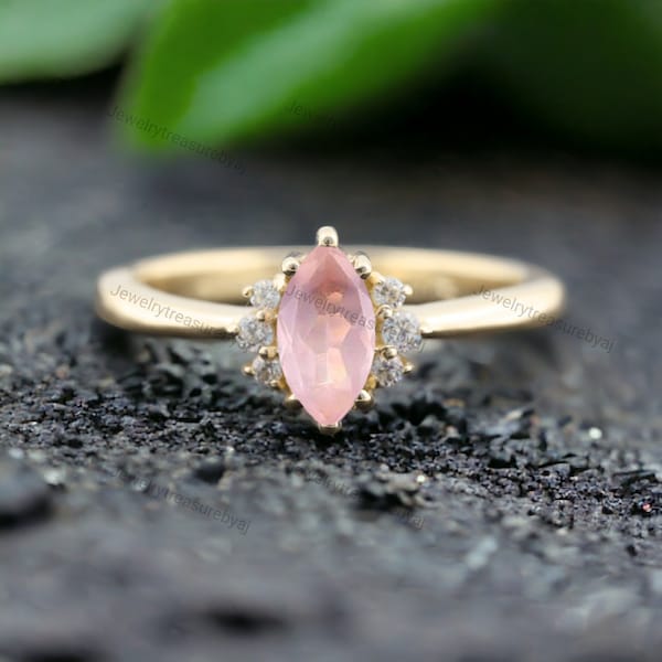 Marquise Cut Rose Quartz Promise Ring 14K Yellow Gold Diamond Ring Engagement Women Jewelry Minimalist Bridal Ring Birthday Gift For Wife