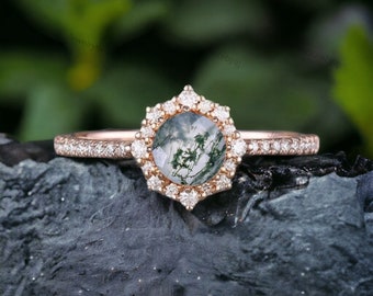 Vintage Moss Agate Engagement Ring Diamond Halo Promise Ring 14k Rose Gold Unique Women Jewelry Green Gemstone Ring Birthday Gift For Wife