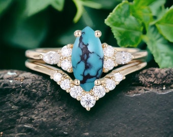 Marquise Cut Turquoise Engagement Ring Set December Birthstone Unique Promise Jewelry Bridal Stacking Ring Set Diamond Jewelry Gift For Her