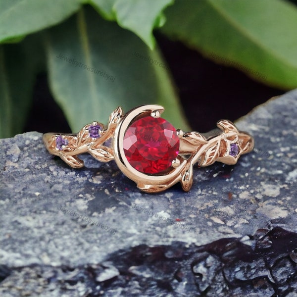 Ruby Engagement Ring, Nature Inspired Red Gemstone Ring, Moon Design Handmade Jewelry, Branch Leaf Amethyst Wedding Ring Birthday Gift Ring