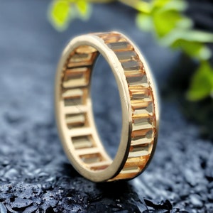 Baguette Cut Citrine Wedding Band, Full Eternity Stacking Band, Art Dec Promise Gift Band, 10k Yellow Gold Bridesmaid Jewelry Band For Women