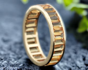 Baguette Cut Citrine Wedding Band, Full Eternity Stacking Band, Art Dec Promise Gift Band, 10k Yellow Gold Bridesmaid Jewelry Band For Women
