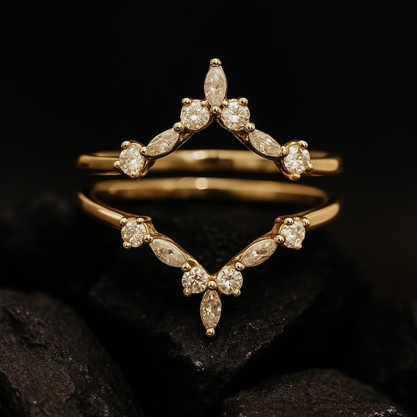Dubbel gebogen Moissaniet trouwring 14K Gold Enhancer stapelen bijpassende nesting band bruids bruiloft belofte ring jas kerstcadeaus