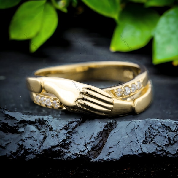 Liebe und Freundschaft Ring CZ Diamant Puzzle Ring Gold Einzigartiger Verlobungsring Hand in Hand Ring Hände schütteln Schmuck Händedruck Silber Ring