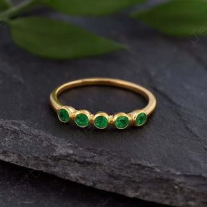 Half Eternity Emerald Wedding Band, 14k Solid Yellow Gold Bridal Band, Gift For Mother, Stacking Ring For Wife, Bridal Anniversary Gift