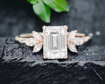 Emerald Cut Moissanite Engagement Ring Marquise Cut Diamond Cluster Wedding Ring Yellow Gold Plated Promise Ring Birthday Gift For Daughter