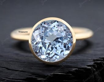 Flawless Brazilian Round Aquamarine Ring - Bezel Set Women&#39;s Solitaire Ring - 18k Solid Gold Bridal Engagement Ring - March Birthstone Gift