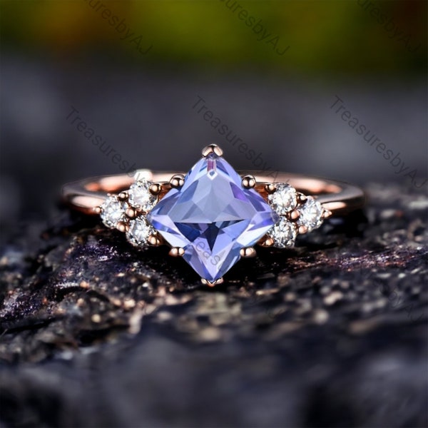 Princess Cut Lavender Sapphire Engagement Ring 14K Rose Gold Diamond Cluster Ring Promise Marriage Halo Ring Anniversary Gift Women Jewelry