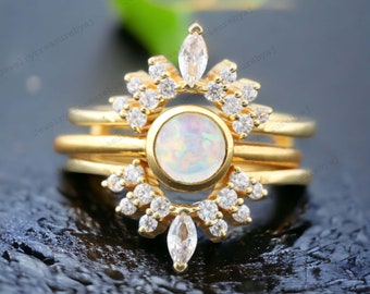 Opal Bridal Wedding Ring Set Diamond Enhancer Ring Set 14K Yellow Gold Proposal Women Jewelry Anniversary Gift For Wife Promise Ring Set