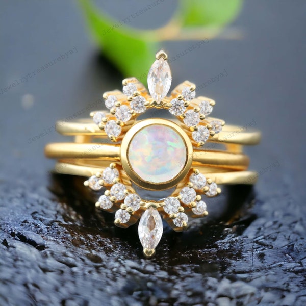 Opal Bridal Wedding Ring Set Diamond Enhancer Ring Set 14K Yellow Gold Proposal Women Jewelry Anniversary Gift For Wife Promise Ring Set