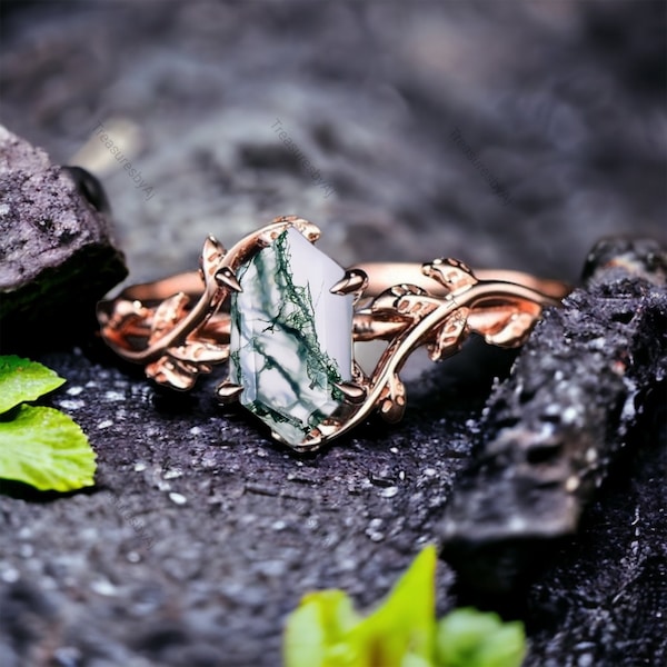 Long-Hexagon Cut Moss Agate Ring 14K Rose Gold Ring Moss Agate Engagement Ring Branches Leaf Twig Nature Inspired Ring, Promise Gift Ring