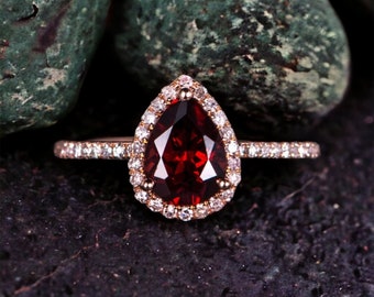 Pear Cut Red Garnet Ring 14K Rose Gold Vermeil Teardrop Engagement Ring For Women- Promise Ring- January Birthstone Anniversary Gift For Her