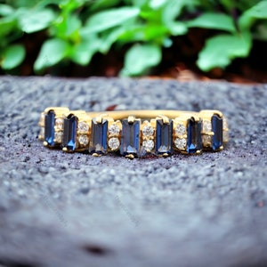 Sapphire Baguette Wedding Band Blue Sapphire Bridal Band Minimalist Half Eternity Band Unique Stacking Proposal Band Holiday Gift For Girl