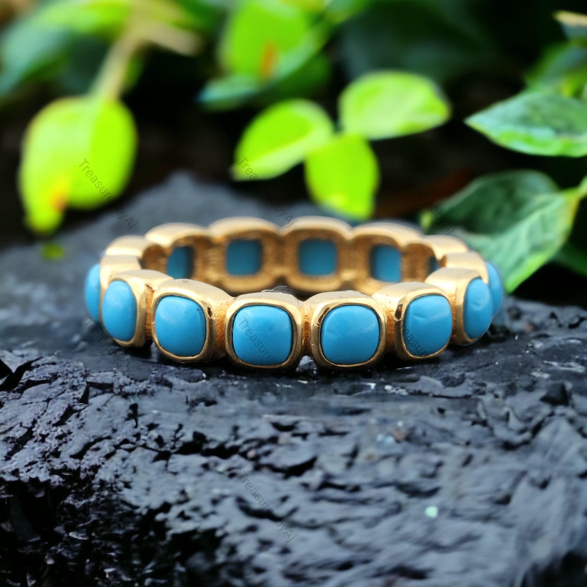 Turquoise Wedding Band Women Anniversary Gift Full Eternity Stackable Girl Jewelry 14K Solid Gold Matching December Birthstone Promise Ring