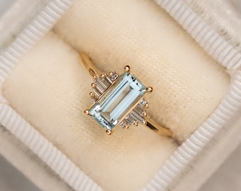 Antique Aquamarine and Moissanite Engagement Ring 925 Sterling Silver, Elegant Art Deco Ring Anniversary Gift Unique Minimalist Engagement