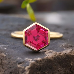 Hexagon Cut Ruby Wedding Ring Yellow Gold Plated Solitaire Ring Pink Gemstone Bezel Set Ring July Birthstone Promise Jewelry Gift For Sister