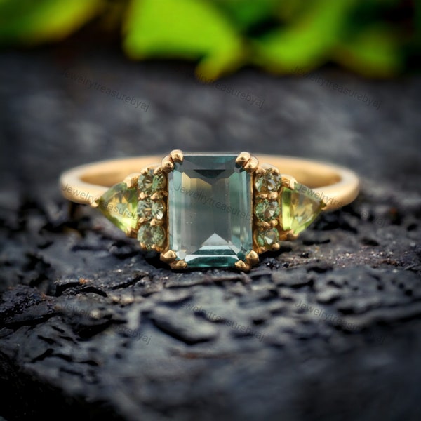 Emerald Cut Green Amethyst Engagement Ring, Peridot Handmade Women Jewelry, February Birthstone Cluster Ring, Personalized Gift For Daughter