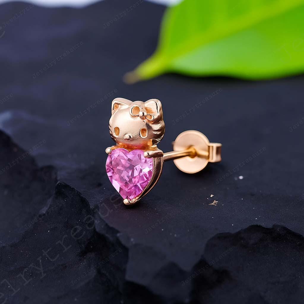 Kitty Pink Sapphire Earrings, Cute Cat Stud Earrings, 14K Gold