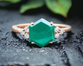 Vintage Hexagon Cut Malachite Engagement Ring, 14k Rose Gold Diamond Cluster Bridal Wedding Ring, Natural Gemstone Ring Birthday Gift Ring