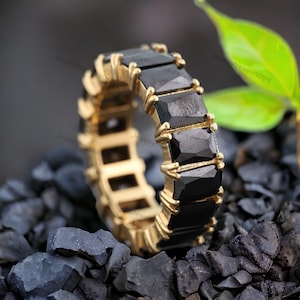 Baguette Schwarz Onyx Ehering, Vintage-Stil Vorschlag Band, Verlobung Schmuck, 14K Gelbgold Geburtstagsgeschenk für Frau