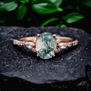 Oval Cut Moss Agate Wedding Ring 14K Rose Gold Vermeil Moss Agate Engagement Ring Green Gemstone Bridal Ring Diamond Birthday Gift For Her