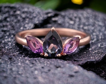 Vintage Alexandrite Engagement Ring, Art Deco Amethyst Wedding Ring 3 Stone Unique Women Bridal Jewelry 14K Rose Gold Birthday Gift For Wife