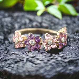 Pink Sapphire Ring, Alternate Flower Amethyst Ring, 14k Gold Floral Wedding Band For Women, Unique Flower Ring, Gemstone Eternity Gift Ring