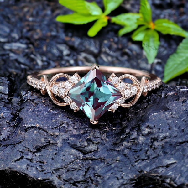Princess Cut Alexandrite Engagement Ring Dainty Diamond Bridal Ring Unique Rose Gold Proposal Ring Twist Promise Ring Anniversary Gift Ring