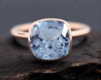 Brazilian Aquamarine Women&#39;s Ring - Cushion Cut Bezel Set Stacking Ring - March Birthstone Solitaire Bridal Ring - Christmas Day Gift