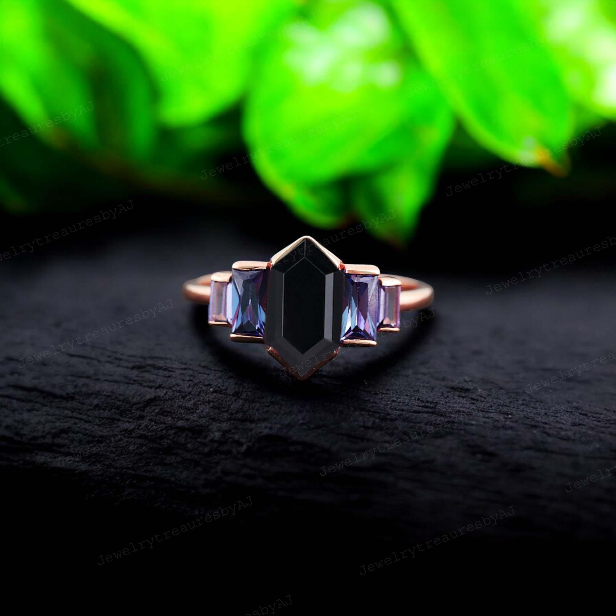 Hexagonal Black Onyx Wedding Ring, Women's Amethyst Ring, Five Stone Stacking Ring, Delicate Gemstone Bridal Ring, February Birthstone Gift
