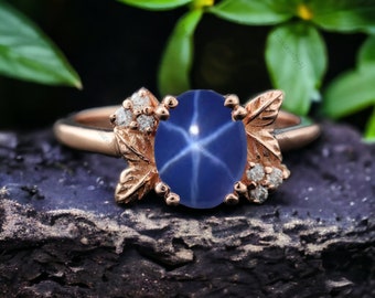 Vintage Oval Star Sapphire Engagement Ring 14k Rose Gold Leaf Ring Art Deco Personalized Jewelry September Birthstone Proposal Gift For Her