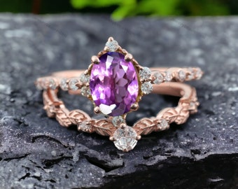 Oval Cut Sapphire Engagement Ring Set September Birthstone Purple Crystal Ring 14k Rose Gold 2pcs Bridal Jewelry Diamond Proposal Band Gifts