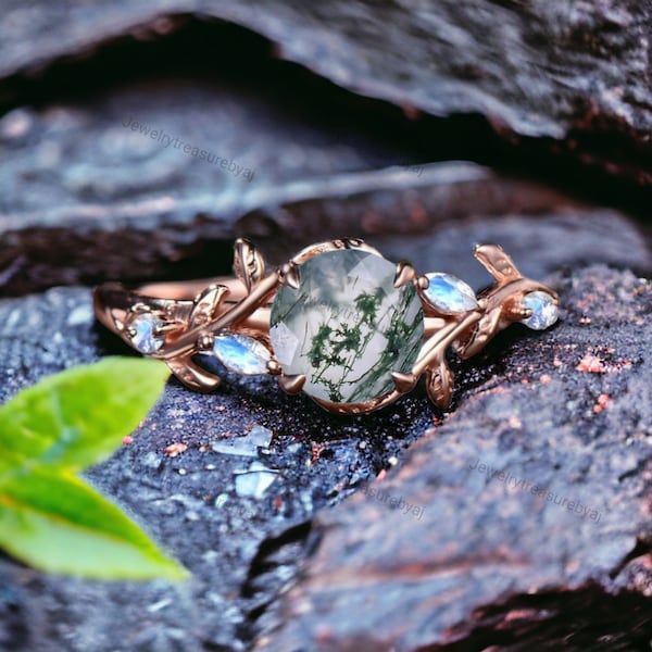 Nature Inspired Moss Agate Promise Ring 14k Rose Gold Leaf Twig Branch Moonstone Ring Green Agate Unique Jewelry Valentine Day Gift For Wife