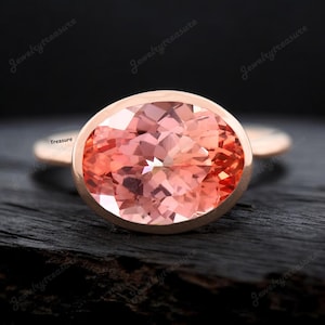 Bi-Color Ceylon Padparadscha Sapphire Bezel Set Ring - Oval Cut Solitaire Bridal Ring - Peach Gemstone Women Stacking Ring - Gift For Her