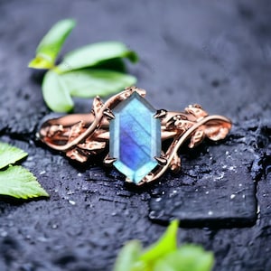 Hexagon Labradorite Ring, Vintage Unique Twig Engagement Ring, Leaf Cluster Wedding Women Blue Gemstone Ring, Natural inspired Branch Ring