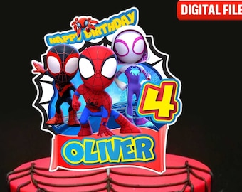 Imprimible Spidey y sus increíbles amigos Cake Topper de doble cara, fiesta de cumpleaños para niños, decoración de pastel de Spidey, fiesta de Spidey