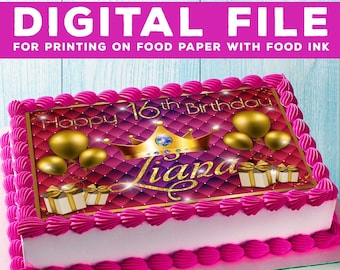 Gâteau d'anniversaire princesse imprimable, fête d'anniversaire pour enfants, gâteau d'anniversaire princesse fichier numérique. Le design est destiné à l'impression d'aliments uniquement ! A4