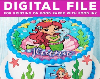 DIGITALE DATEI. Druckbare Kuchen-Cartoon-Meerjungfrau-Prinzessin, Kuchen-Cartoon-Meerjungfrau-Prinzessin-Design ist nur für den Lebensmitteldruck bestimmt! A4