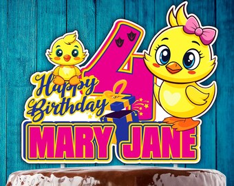 May include: A pink and yellow cake topper with a chick and the text "Happy Birthday Mary Jane".