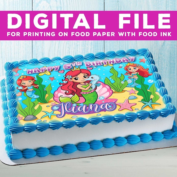 DIGITAL FILE. Printable cake cartoon Mermaid Princess, cake cartoon Mermaid Princess  Design is for food printing only! Full A4