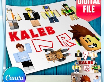 Bewerkbare Roblox-verjaardagstaarttopper | Afdrukbare canvassjabloon | Digitale feestdecoratie